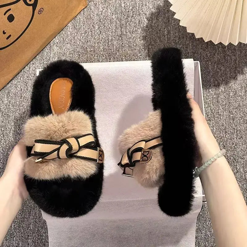 Casual Fluffy Slippers Women House Flats Fashion Winter Bowknot Love Designer Shoes Ladies Home Plush Platform Elegant Footwear