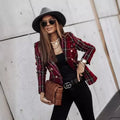 Casual Buttons Autumn Blazer Female Outerwear New Women Vintage Long Sleeve Double Breasted Plaid Blazer Coat Flap Pockets