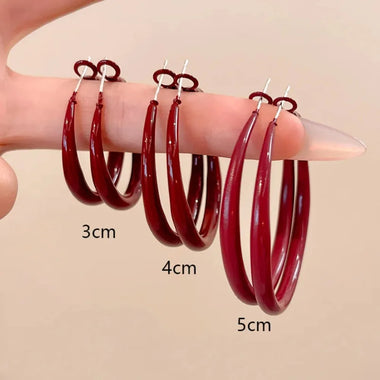 Retro Classic Wine Red Color Geometric Circle Hoop Earrings for Women Exaggerate Big  Korea Earring Bride Jewelry Accessories
