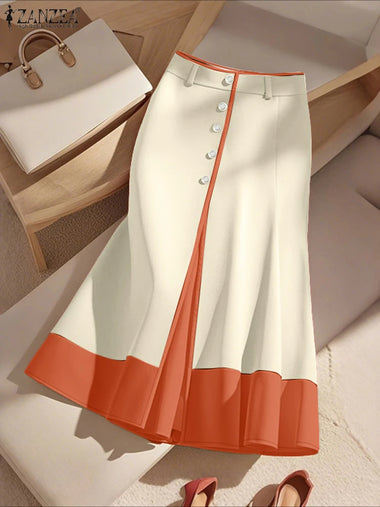 Elegant Office Skirts ZANZEA Women High Waist Patchwork Jupe 2025 Autumn Midi Skirt Robe Elegant A-line OL Work Faldas Saia