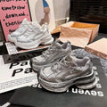 Women Silver Metallic Mesh Chunky Platform Sneakers Height‑increasing Lace‑up Breathable Patchwork Non‑slip Lightweight Ladies