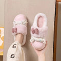 Sweet Bowknot Design Furry Fur Indoor Slippers 2026 Winter Warm Plush Home Slippers Women Soft Sole Non Slip Platform Girl Shoes