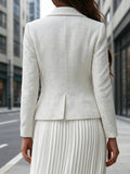 White Tweed Waist-Cinching Blazer for Women, Elegant Single-Breasted Two-Button Long-Sleeve Suit Jacket, Spring and Autumn Office Wear