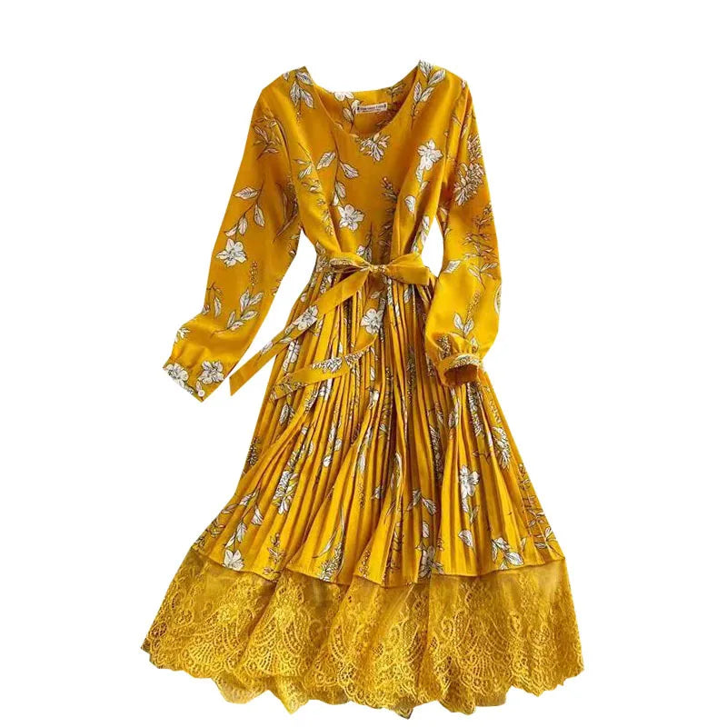 Retro Floral V-neck Waist Cinching Slimming Lace Patchwork Pleated Dress with Fashionable Stylish Colors Large Swing Long Skirt