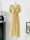 Women Summer V Neck Floral Print Chiffon Maxi Dress Short Sleeve High Waist A Line Long Dress Elegant Casual Party Vestidos