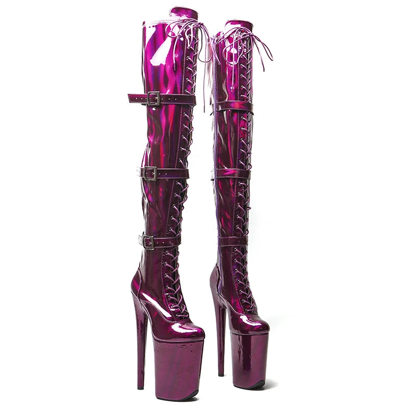 Leecabe  23CM/9inches Holography Shiny PU Belt Style Trend Fashion High Heel Platform Stripper Heel Pole Dance Boots