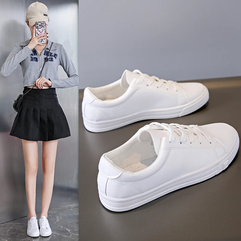 Women Sneakers Breathable Students Casual Sports Shoes Girl Flat Leather Pu White Shoes Woman Vulcanize Shoes