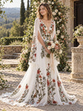 Boho Floral Embroidered Chiffon Wedding Dress for Brides Long Sleeve Deep V Neck Backless A Line Bridal Gown with Train