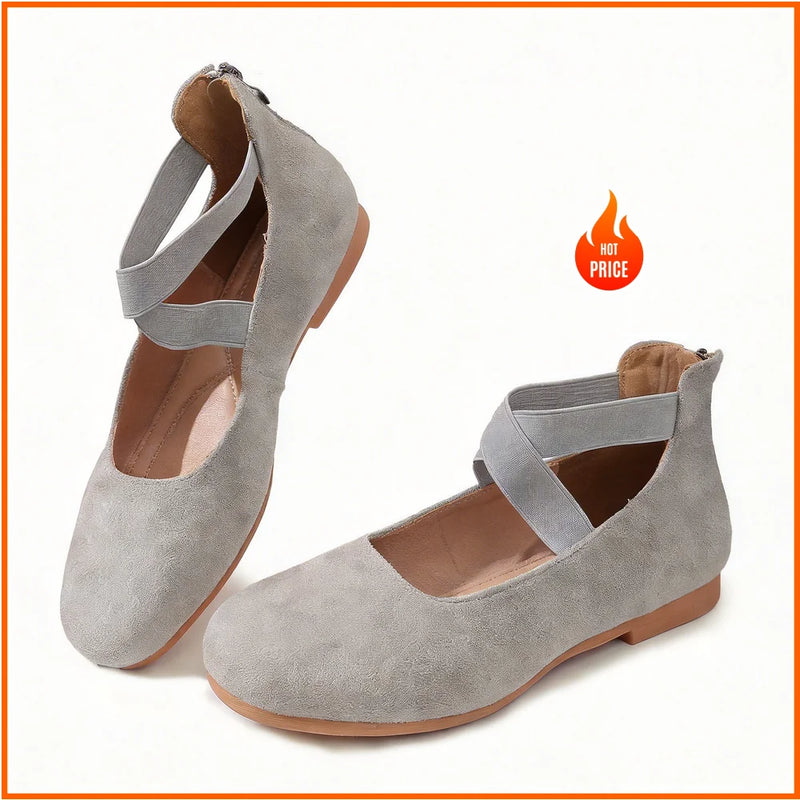 Women Mary Jane Flats Round Toe Ballet Shoes Elastic Cross Strap Comfortable Casual Flat Shoes Soft Suede Ladies Office Walking