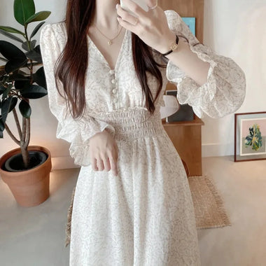 Elegant V-neck Midi Floral Chiffon Dress Women Fashion Casual Vintage Maxi Dress Woman Long Sleeve Female Dresses Vestidos 11665