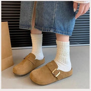 Women Suede Clog Mules, Round Toe Metal Buckle, Slip‑on Backless Design,Soft Flat Sole, Casual Retro Outdoor Daily Slipper Shoes