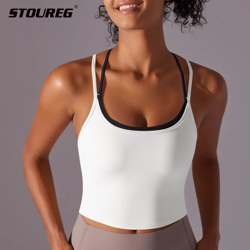 STOUREG Women's Sports Bra Naked Feel Seamless Fake Two Layer Backless Built-in Cup Yoga Running Workout Top