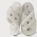 Cross Strap Bowknot Embroidery Fluffy Fur Slippers Women Fashion Indoor Pink Plush Cotton Shoes Woman Flat Heel Home Slippers 45