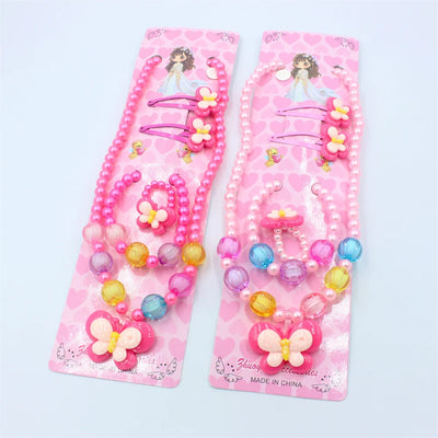 1 Set Charming Handcrafted Beaded Jewelry Set for Girls Necklace, Bracelet, Ring & Butterfly Hair Clip Perfect Princess Gift
