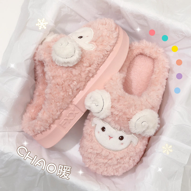 Cute Little Sheep Plush Slippers Women Winter Warm Thick Soft Sole House Shoes Indoor Fuzzy Non-Slip Comfortable Home Slides