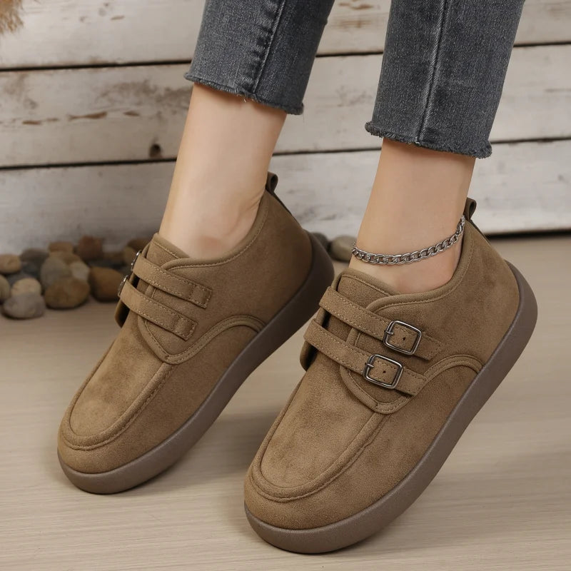 Women's Retro Flat Casual Shoes，Double Metal Buckle Design Loafers，Thick Sole Walking Shoes ， Women's Comfortable Daily Shoes