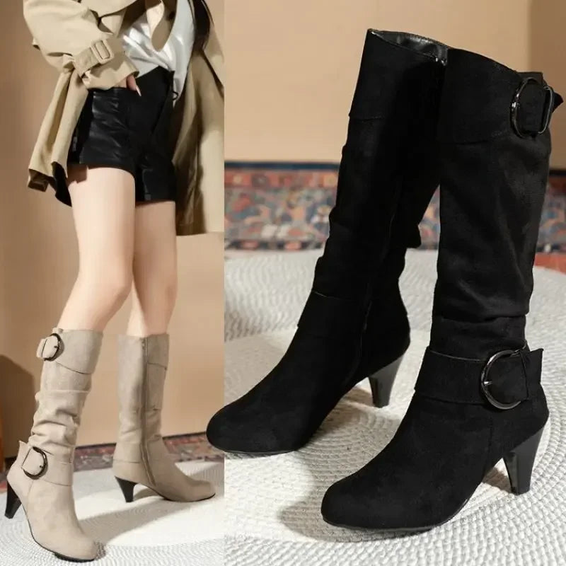 Plus Size 43 Knee-high Zipper Women's Modern Boots Women's Shoes High Quality New Pointed Toe Solid English Style Fashion Casual