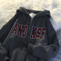 Women Letter Print Zip Up Hoodie Oversized Drawstring Hooded Sweatshirt Jacket With Kangaroo Pocket Casual Streetwear Outerwear