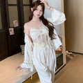 Female 3PCS Pajamas Set Elegant French Court Style Shirt Sling Pants Sleepwear Autumn Silk Satin Lounge Wewar