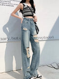 Ripped Torn Wide Flared Y2k Baggy Jeans Woman High Waisted Jeans Ladies Women's Denim Pants Shoujo Girl Style Coquette Jean Pant