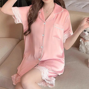 New Ice Silk Pajamas Women's Summer Simple Ins High Value Sweet Girl Short-Sleeved Pajamas Homewear Summer Women's Clothing