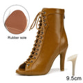 HROYL High Heel Dance Shoes Woman Beige Black Latin Dance Booties Women Open Toe Lace Up Stiletto Boots for Girls Suede Sole