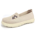 Women Hollow Fly Woven Mesh Slip On Flats Pearl Flower Decor Soft Thick Sole Breathable Elderly Mom Walking Casual Shoes