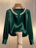 Women Satin V Neck Blouse Pearl Beaded Collar Long Sleeve Elegant Office Shirt Top