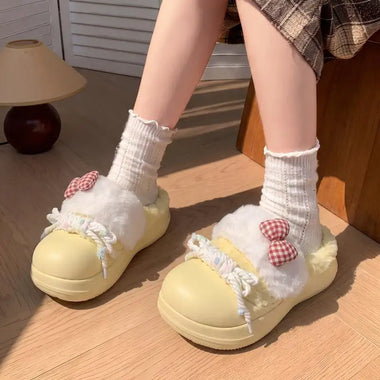 Sweet Bowknot Design Furry Fur Indoor Slippers 2026 Winter Warm Plush Home Slippers Women Soft Sole Non Slip Platform Girl Shoes