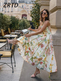 Fashion Halter Printed Sling Long Dress Women Pleat Backless Sleeveless A-line Holiday Dresses 2026 Summer Lady Contrast Robes