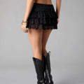 Embroidered Flower Lace Mini Skirt Y2K Streetwear Harajuku Ruched Skirts Double Layer See Through Lace Up Ruffles Skirt