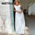 Women Summer Solid Spaghetti Strap Maxi Dress Tie Front Bust Corset Waist Long Dress Elegant Holiday Beach Party Casual Sundress