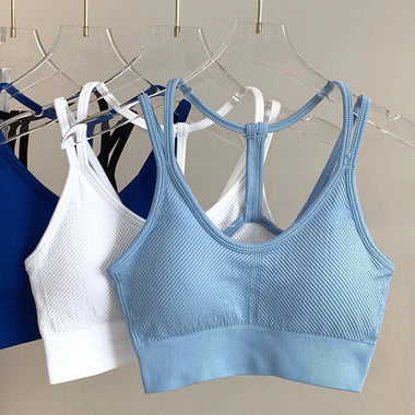 Women's Seamless Stretchy Backless Spaghetti Strap Sports Bra Tank Top - with Bra Pads for Yoga & Fitness