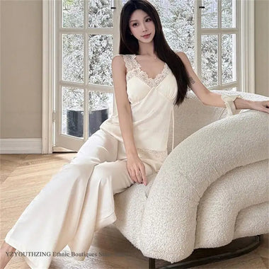 Sexy Lace Suspender Pajamas Set Lingerie Spring Summer New Ice Silk Sleepwear Trouser Suit Elegant Womens Matching Sets Homewear