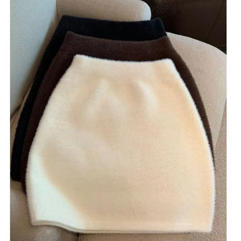 Imitation Mink Fur Mini Skirt Sexy Slim Elastic Waist Basics Hotsweet All-Match Skirt Women Winter Sweet Casual Knit Short Skirt