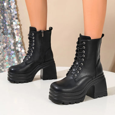 Women's Fashionable Square High-Heeled Short Boots with Side Zipper