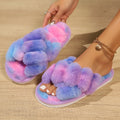Fashion Cross Strap Fluffy Slippers Women Winter Home Open toed Plush Fur Slippers Woman Flat Heel Keep Warm Cotton Slides Shoes