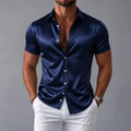Men's shirt, navy blue short sleeved shirt, slim fit lapel shirt, light luxury business casual men's top, comfortable fabric