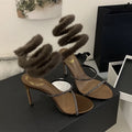 Women Sandals Sexy Snake Shaped Elastic Strap Women Gladiator Sandals Fashion Rhinestones Fur Decor Stiletto High Heels Summer Wedding Shoes