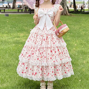 Pastoral apple floral Lolita JSK sleeveless big bow multi-layer lace long princess dress  maxi dresses for women