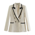 2026 New Women Double Breasted Tweed Blazer Coat Vintage Long Sleeve Pockets Female Outerwear Autumn Winter Jacket Casual Blazer