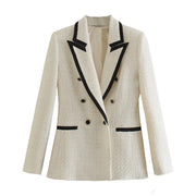2026 New Women Double Breasted Tweed Blazer Coat Vintage Long Sleeve Pockets Female Outerwear Autumn Winter Jacket Casual Blazer