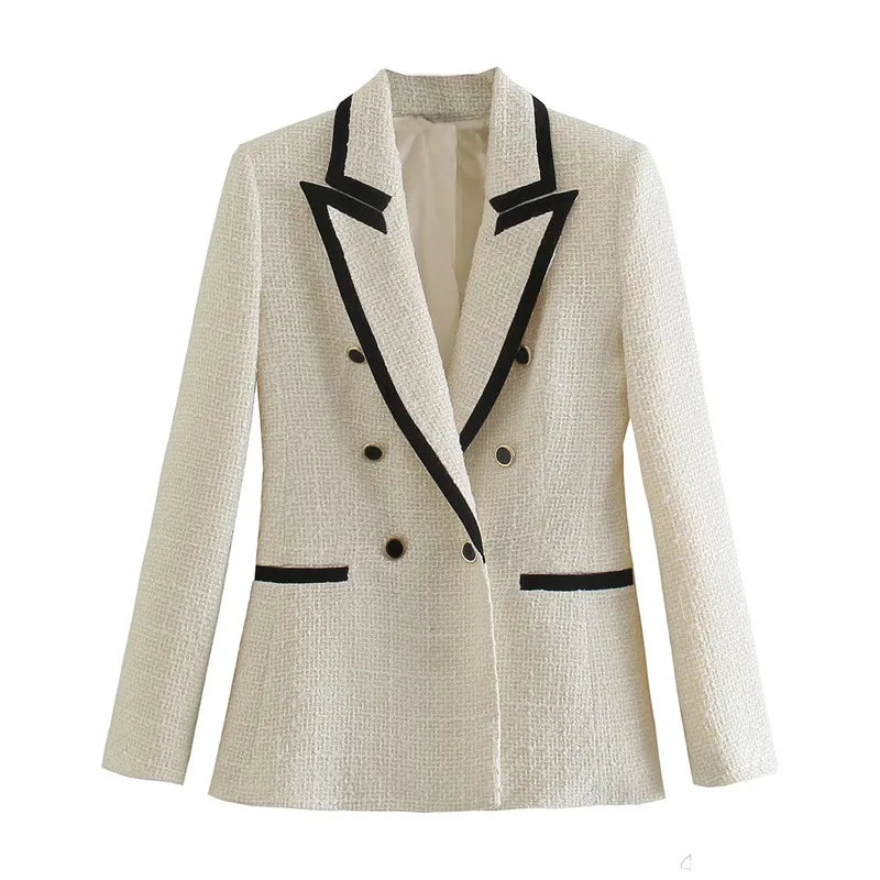 2026 New Women Double Breasted Tweed Blazer Coat Vintage Long Sleeve Pockets Female Outerwear Autumn Winter Jacket Casual Blazer