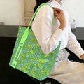Cartoon Fan Shaped Floral Fragments Canvas Bag Reusable Large Capacity Shoulder Bag Lightweight Wide Handles Lunch Bag Shopping