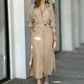 Women Solid Color Maxi Dress  Autumn Fashion Elegant Long Sleeve Leisure Time Casual Daily Wear V Neck Sexy Ladies Shirt Dresses