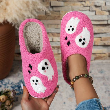 Winter Halloween Slippers Women's Pink Cute Ghost Exquisite Cartoon Comfort Home Soft Causal Flat Plush Shoes for Gift