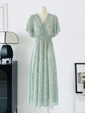 2026 New Summer Dress Women Elegant Short Sleeve V Neck Floral Print Chiffon Maxi Dress Boho High Waist Beach Long Dress