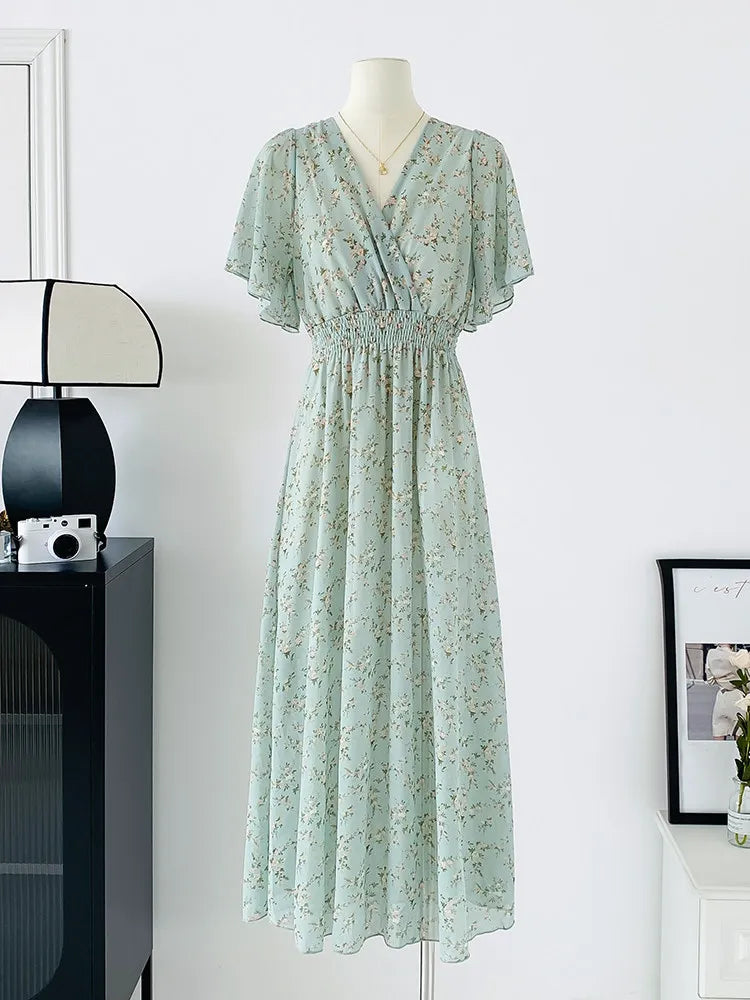 2026 New Summer Dress Women Elegant Short Sleeve V Neck Floral Print Chiffon Maxi Dress Boho High Waist Beach Long Dress