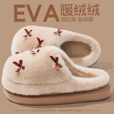 Women's Winter Cotton Slippers – Non-Slip Warm House Shoes with Cute Bowknot, Soft Indoor Home Slippers for Postpartum