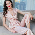 100% Natural Mulberry Silk Lapel Short Sleeved Solid Color Lace Up Can Be Worn Outside Short Sleeved Home Clothes Two-piece Set